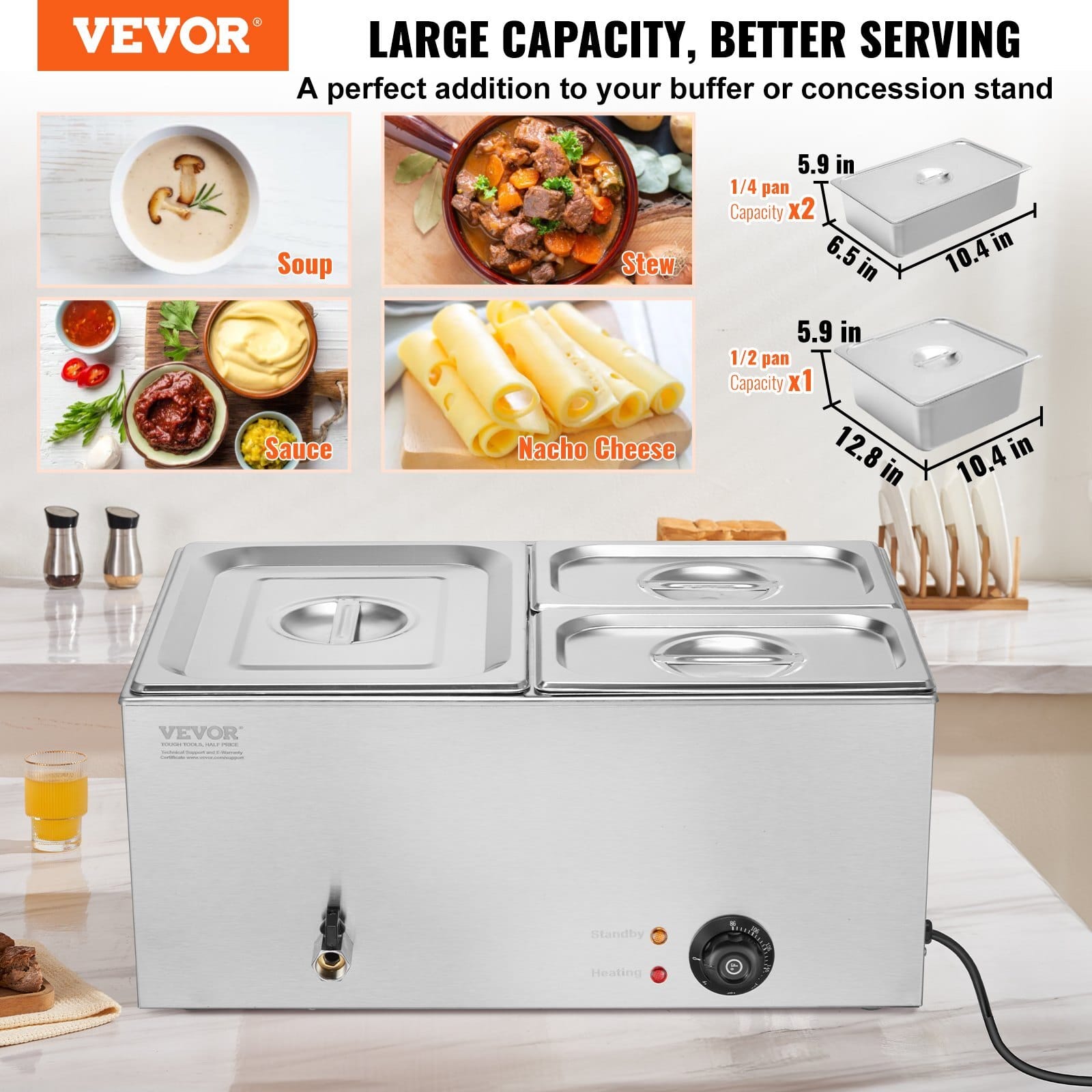 24QT Commercial Food Warmer, 3-Pan Electric Steam Table, 1200W Professional Countertop Stainless Steel Buffet Bain Marie with 86-185?°F Temp Control for Catering, Buffet, Parties, Restaurants - Image 2