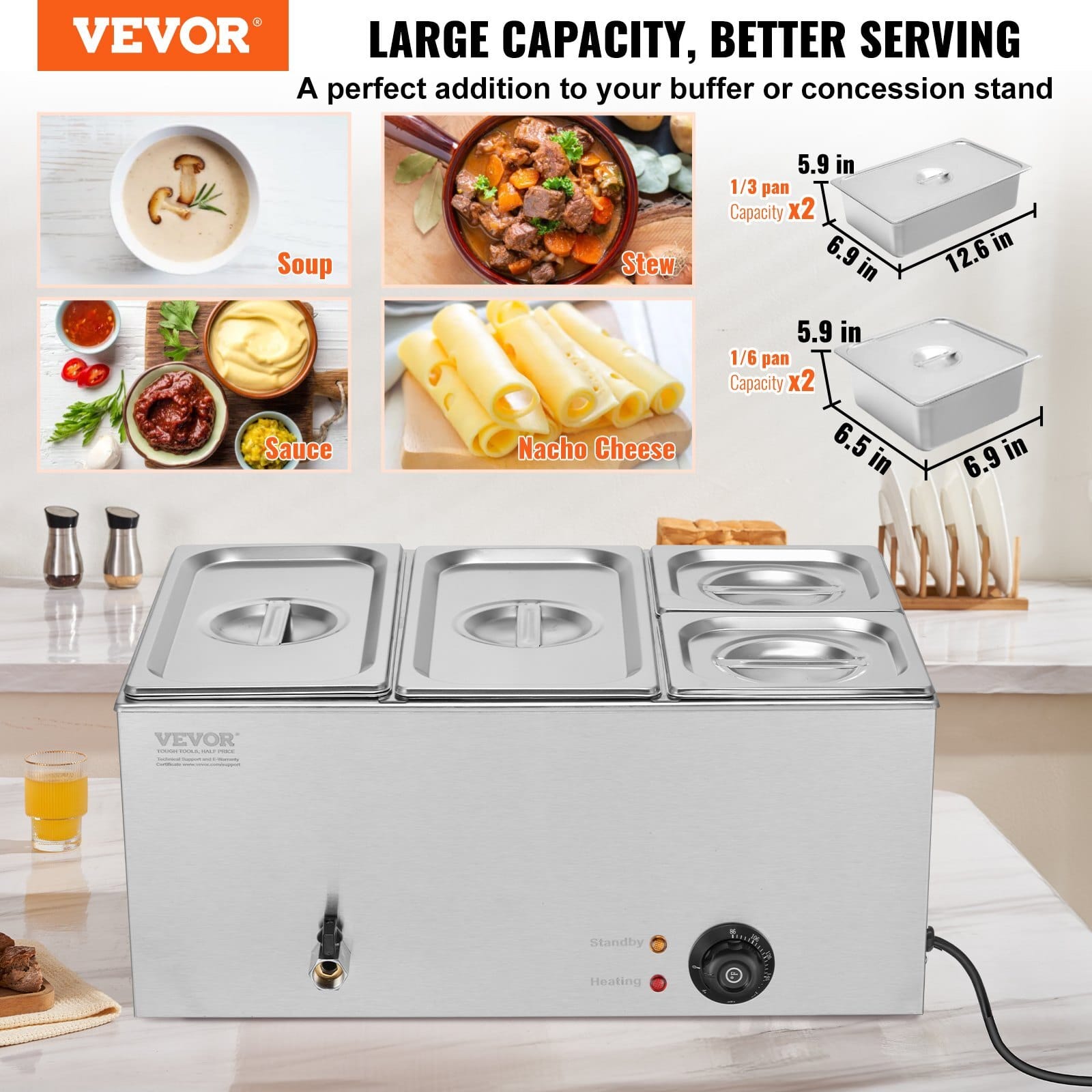 4-Pan Commercial Food Warmer, 16.4QT Electric Steam Table, 1200W Professional Countertop Stainless Steel Buffet Bain Marie with 86-185?°F Temp Control for Catering and Restaurants, Silver - Image 2