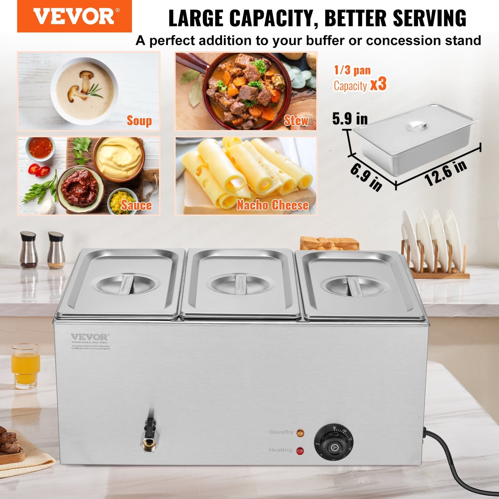 3-Pan Commercial Food Warmer, 17.4QT Electric Steam Table, 1200W Professional Countertop Stainless Steel Buffet Bain Marie with 86-185?°F Temp Control for Catering and Restaurants, Silver - Image 2