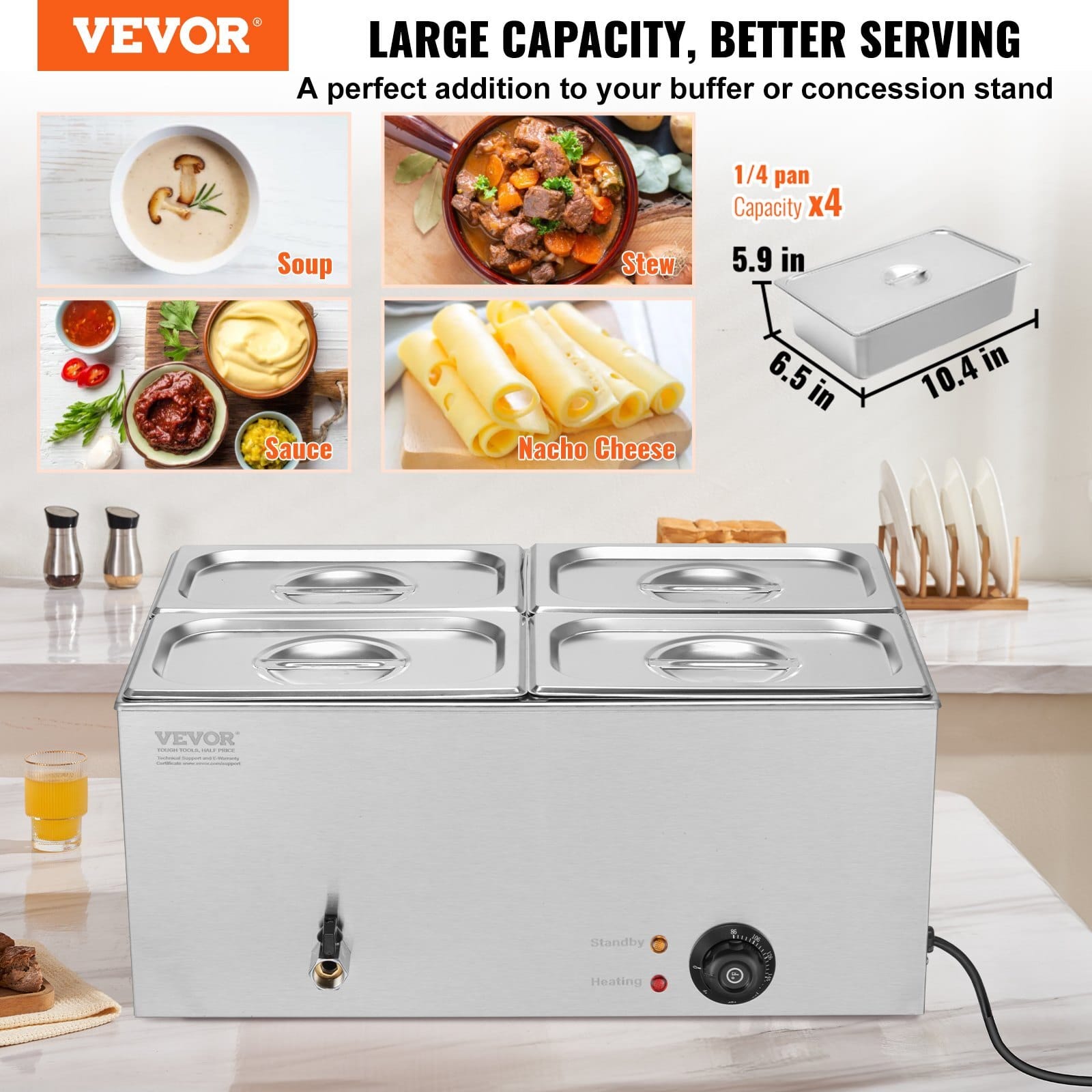 24QT Commercial Food Warmer, 4-Pan Electric Steam Table, 1200W Professional Countertop Stainless Steel Buffet Bain Marie with 86-185?°F Temp Control for Catering, Buffet, Parties, Restaurants - Image 2