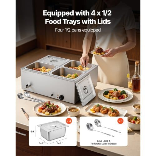 Commercial Food Warmer, 1500W Electric Stainless Steel Steam Food Warmer with Lid, 4-Pan Fast Heating Countertop Buffet Bain Marie with Soup & Perforated Ladles, for Catering, Restaurant, Party - Image 2