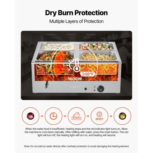 Commercial Food Warmer, 1500W Electric Stainless Steel Steam Food Warmer with Lid, 4-Pan Fast Heating Countertop Buffet Bain Marie with Soup & Perforated Ladles, for Catering, Restaurant, Party - Image 4