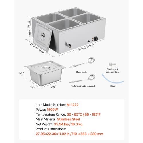 Commercial Food Warmer, 1500W Electric Stainless Steel Steam Food Warmer with Lid, 4-Pan Fast Heating Countertop Buffet Bain Marie with Soup & Perforated Ladles, for Catering, Restaurant, Party - Image 6