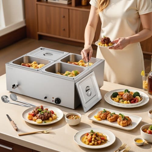 Commercial Food Warmer, 1500W Electric Stainless Steel Steam Food Warmer with Lid, 4-Pan Fast Heating Countertop Buffet Bain Marie with Soup & Perforated Ladles, for Catering, Restaurant, Party - Image 7