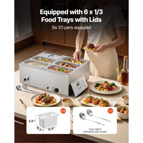 Commercial Food Warmer, 1500W Electric Stainless Steel Steam Food Warmer with Lid, 6-Pan Fast Heating Countertop Buffet Bain Marie with Soup & Perforated Ladles, for Catering, Restaurant, Party - Image 2