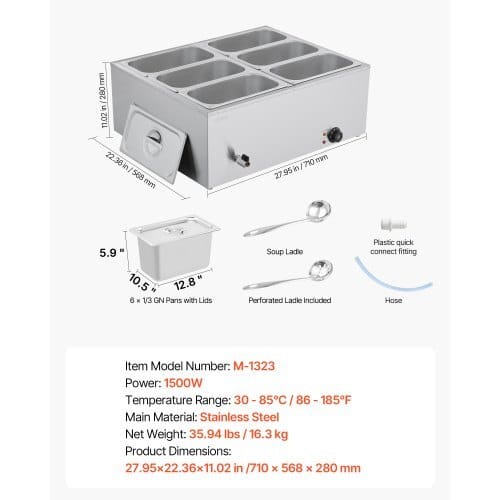 Commercial Food Warmer, 1500W Electric Stainless Steel Steam Food Warmer with Lid, 6-Pan Fast Heating Countertop Buffet Bain Marie with Soup & Perforated Ladles, for Catering, Restaurant, Party - Image 6