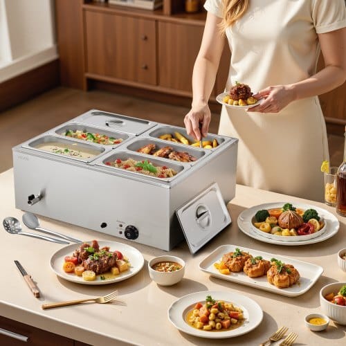 Commercial Food Warmer, 1500W Electric Stainless Steel Steam Food Warmer with Lid, 6-Pan Fast Heating Countertop Buffet Bain Marie with Soup & Perforated Ladles, for Catering, Restaurant, Party - Image 7