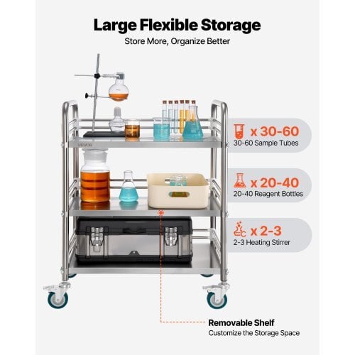 Stainless Steel Cart, 3-Tier Rolling Lab Utility Cart with Lockable Wheels, Medical Serving Trolley Clinic Tray, Heavy Duty Mobile Service Storage Tray for Hospital, Restaurant, Kitchen, Salon - Image 4