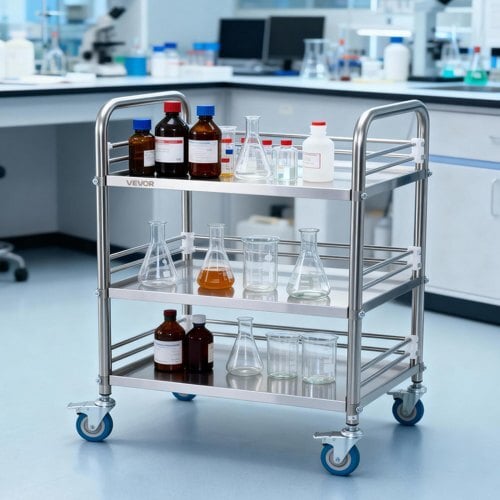 Stainless Steel Cart, 3-Tier Rolling Lab Utility Cart with Lockable Wheels, Medical Serving Trolley Clinic Tray, Heavy Duty Mobile Service Storage Tray for Hospital, Restaurant, Kitchen, Salon - Image 7