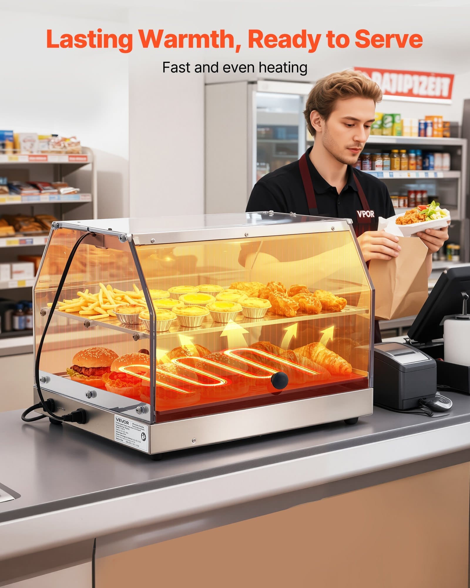 2-Tier Commercial Food Warmer Display, 450W Food Display Warmer with Light, Detachable Shelves and Double-Sided Door Design, 85?&bdquo;&permil;~185?&bdquo;&permil; Air Heating, 48L for Hamburger, Pizza, Bread, Fried Chicken