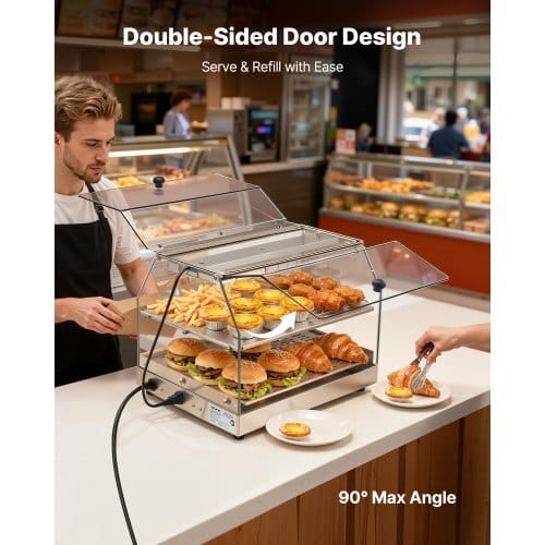 2-Tier Commercial Food Warmer Display, 450W Food Display Warmer with Light, Detachable Shelves and Double-Sided Door Design, 85?„‰~185?„‰ Air Heating, 48L for Hamburger, Pizza, Bread, Fried Chicken - Image 3