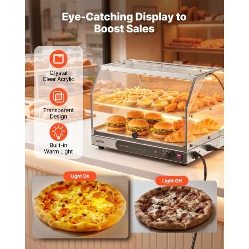 2-Tier Commercial Food Warmer Display, 450W Food Display Warmer with Light, Detachable Shelves and Double-Sided Door Design, 85?„‰~185?„‰ Air Heating, 48L for Hamburger, Pizza, Bread, Fried Chicken - Image 4