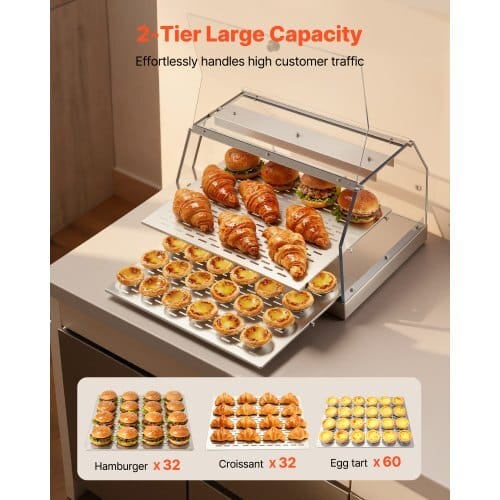 2-Tier Commercial Food Warmer Display, 450W Food Display Warmer with Light, Detachable Shelves and Double-Sided Door Design, 85?„‰~185?„‰ Air Heating, 48L for Hamburger, Pizza, Bread, Fried Chicken - Image 5