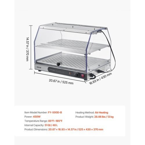2-Tier Commercial Food Warmer Display, 450W Food Display Warmer with Light, Detachable Shelves and Double-Sided Door Design, 85?„‰~185?„‰ Air Heating, 48L for Hamburger, Pizza, Bread, Fried Chicken - Image 6
