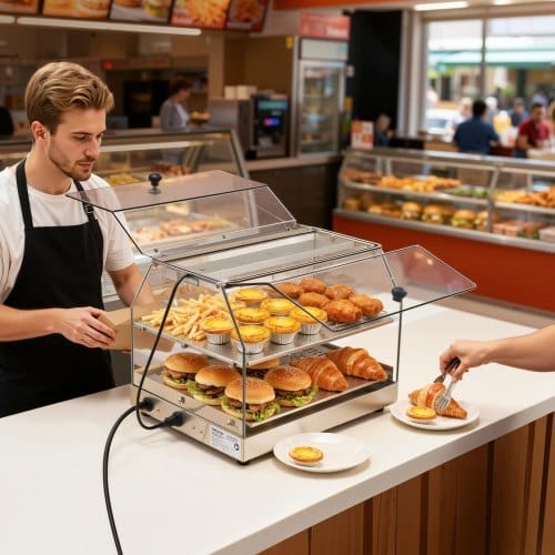 2-Tier Commercial Food Warmer Display, 450W Food Display Warmer with Light, Detachable Shelves and Double-Sided Door Design, 85?„‰~185?„‰ Air Heating, 48L for Hamburger, Pizza, Bread, Fried Chicken - Image 7
