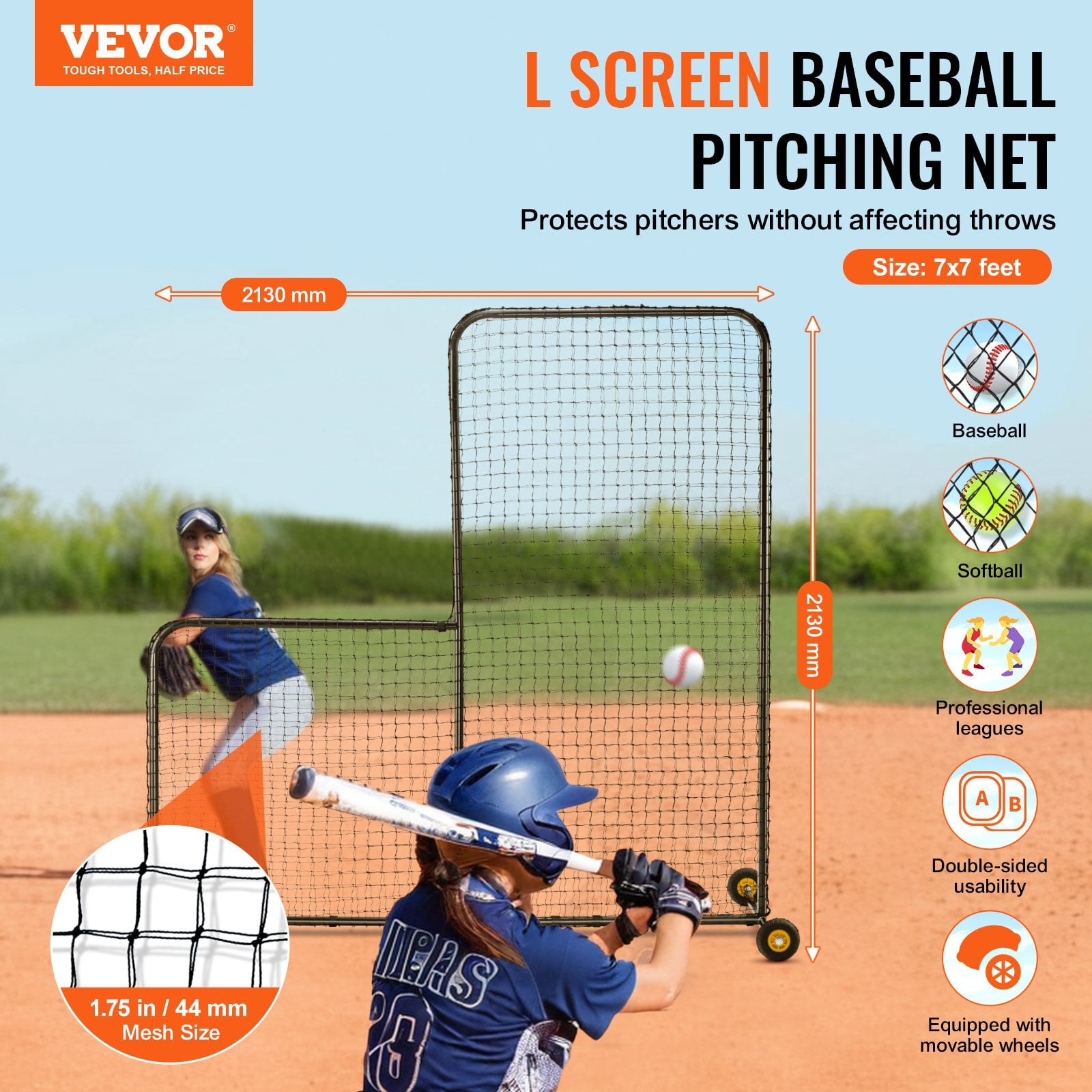 L Screen Baseball for Batting Cage, 7x7 ft Softball Safety Screen, Body Protector Portable Batting Screen with Carry Bag, Wheels, Ground Stakes, Heavy Duty Pitching Net for Pitchers Protection - Image 2