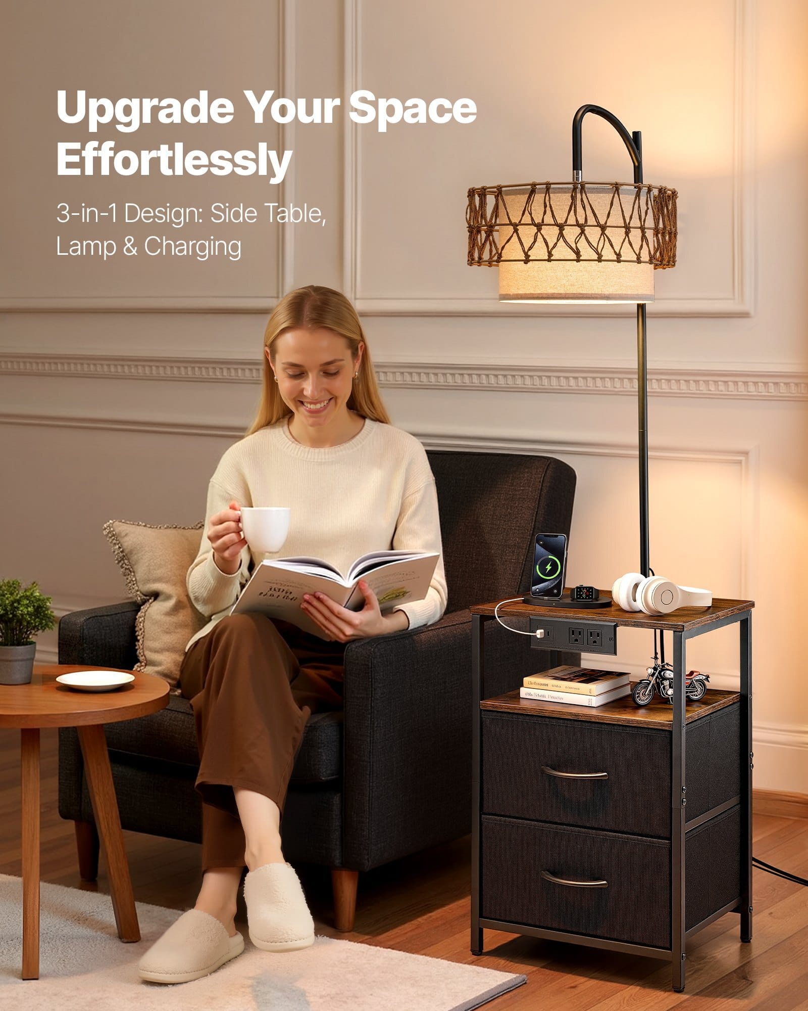 Floor Lamp with Table, 2-Tier End Table with 2 Drawers and 3 Color Temperature LED Bulb, Modern Side Nightstand Bedside Desk with USB & Type C & AC Charging Port for Living Room, Bedroom, Dorm
