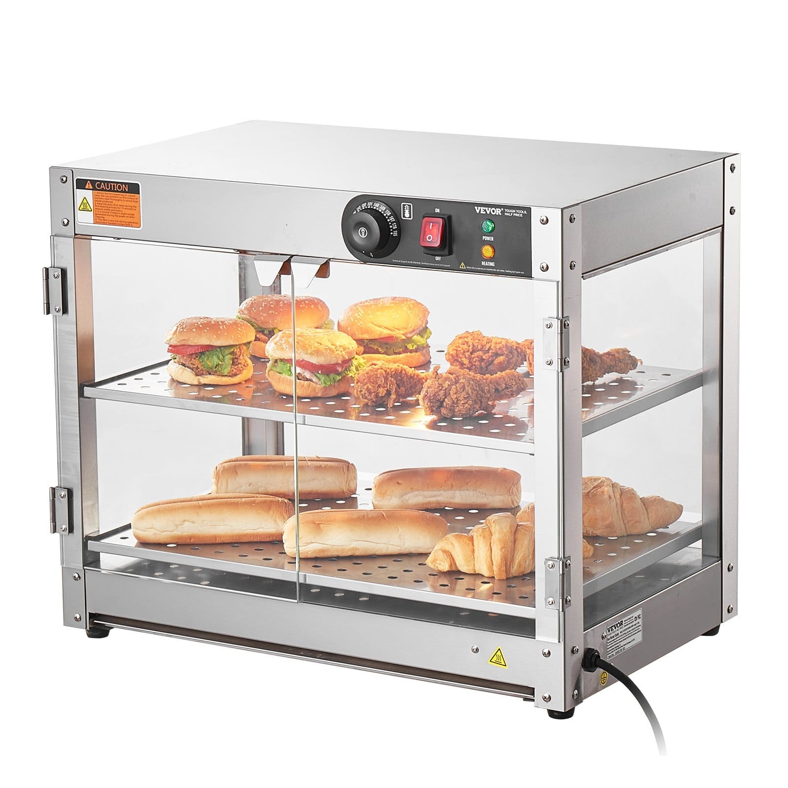 2-Tier Commercial Food Warmer Display, 800W Food Display Warmer with Light to Enhance Food Display, 86?&bdquo;&permil;~185?&bdquo;&permil; Temperature Control, 58L Large Capacity for Hamburger, Pizza, Bread, Fried Chicken