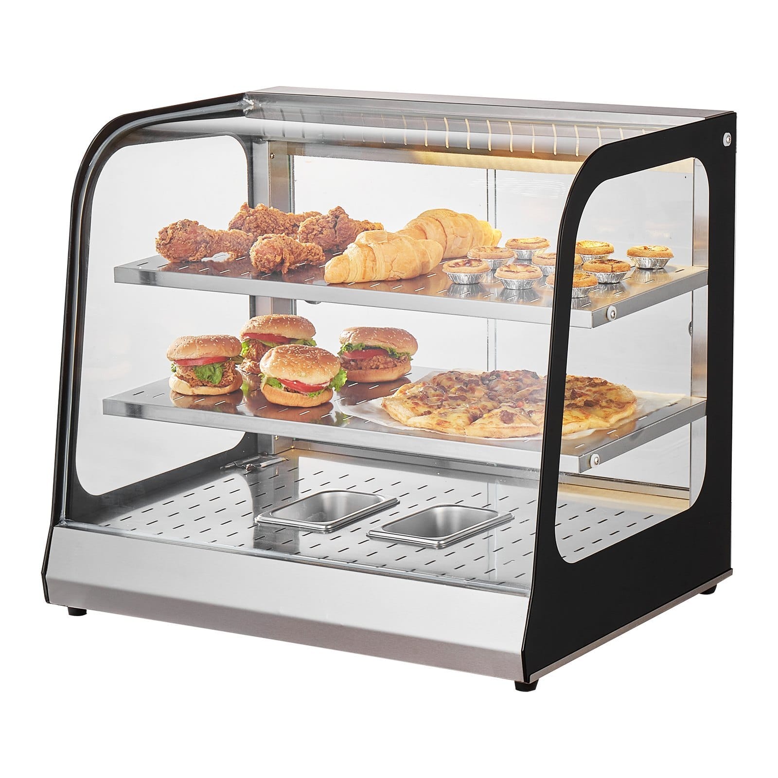 2-Tier Commercial Food Warmer Display, 850W Food Display Warmer w/ Tempered Glass and Steam Heating, 86?&bdquo;&permil;~185?&bdquo;&permil; Temperature Control, 111L Large Capacity for Hamburger, Pizza, Bread, Fried Chicken