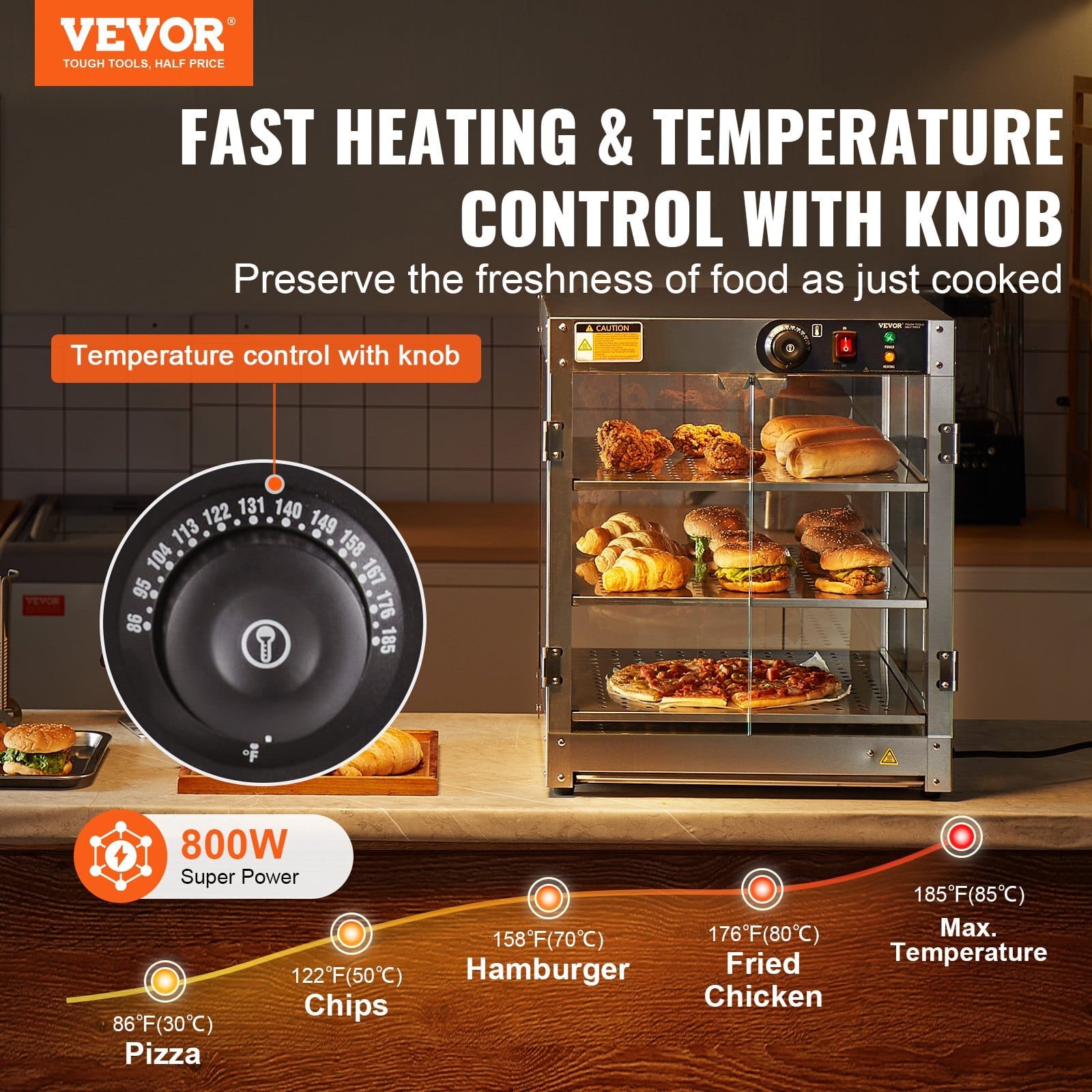 3-Tier Commercial Food Warmer Display, 800W Food Display Warmer with Light to Enhance Food Display, 86?&bdquo;&permil;~185?&bdquo;&permil; Temperature Control, 90L Large Capacity for Hamburger, Pizza, Bread, Fried Chicken