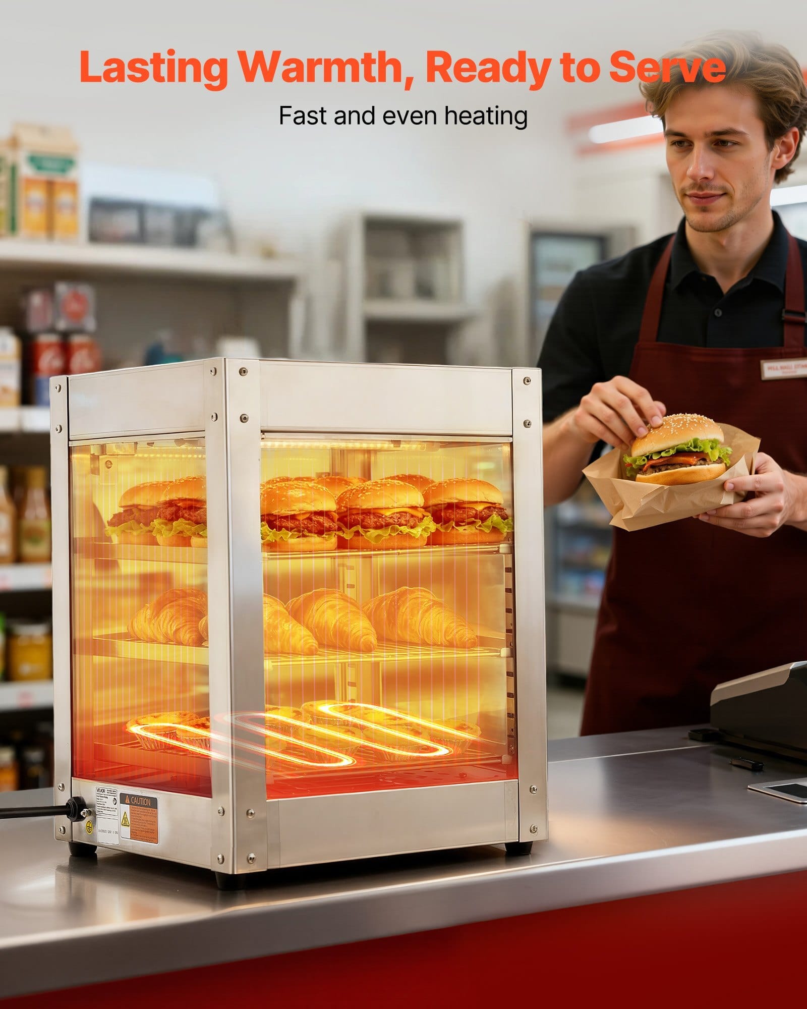 3-Tier Commercial Food Warmer Display, 800W Food Display Warmer with LED Light, Adjustable Shelf and Stainless Steel Frame, 86?&bdquo;&permil;~185?&bdquo;&permil; Air Heating, 34L for Hamburger, Pizza, Bread, Fried Chicken