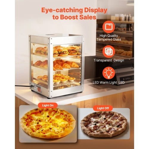 3-Tier Commercial Food Warmer Display, 800W Food Display Warmer with LED Light, Adjustable Shelf and Stainless Steel Frame, 86?„‰~185?„‰ Air Heating, 34L for Hamburger, Pizza, Bread, Fried Chicken - Image 3