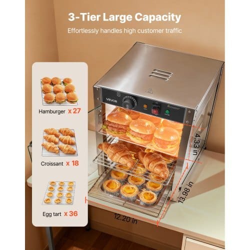 3-Tier Commercial Food Warmer Display, 800W Food Display Warmer with LED Light, Adjustable Shelf and Stainless Steel Frame, 86?„‰~185?„‰ Air Heating, 34L for Hamburger, Pizza, Bread, Fried Chicken - Image 4