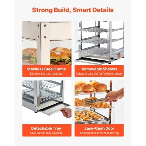 3-Tier Commercial Food Warmer Display, 800W Food Display Warmer with LED Light, Adjustable Shelf and Stainless Steel Frame, 86?„‰~185?„‰ Air Heating, 34L for Hamburger, Pizza, Bread, Fried Chicken - Image 5
