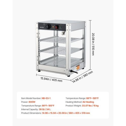 3-Tier Commercial Food Warmer Display, 800W Food Display Warmer with LED Light, Adjustable Shelf and Stainless Steel Frame, 86?„‰~185?„‰ Air Heating, 34L for Hamburger, Pizza, Bread, Fried Chicken - Image 6