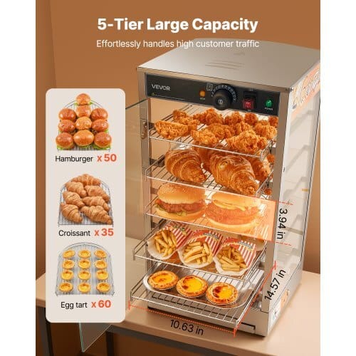 5-Tier Commercial Food Warmer Display, 800W Food Display Warmer with LED Light, Adjustable Shelf and Stainless Steel Frame, 86?„‰~185?„‰ Air Heating, 60L for Hamburger, Pizza, Bread, Fried Chicken - Image 4