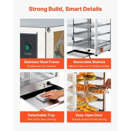 5-Tier Commercial Food Warmer Display, 800W Food Display Warmer with LED Light, Adjustable Shelf and Stainless Steel Frame, 86?„‰~185?„‰ Air Heating, 60L for Hamburger, Pizza, Bread, Fried Chicken - Image 5