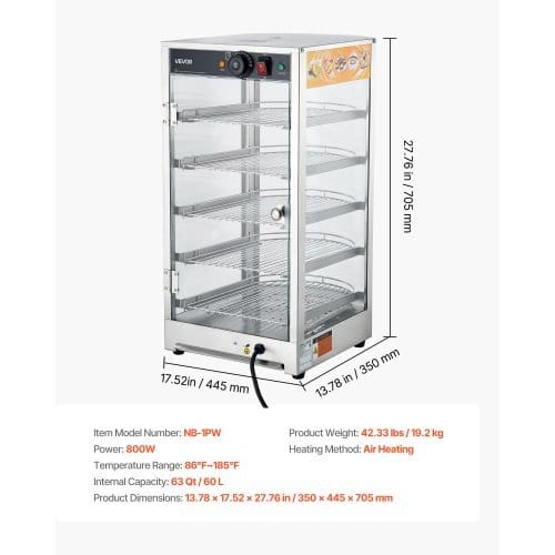5-Tier Commercial Food Warmer Display, 800W Food Display Warmer with LED Light, Adjustable Shelf and Stainless Steel Frame, 86?„‰~185?„‰ Air Heating, 60L for Hamburger, Pizza, Bread, Fried Chicken - Image 6