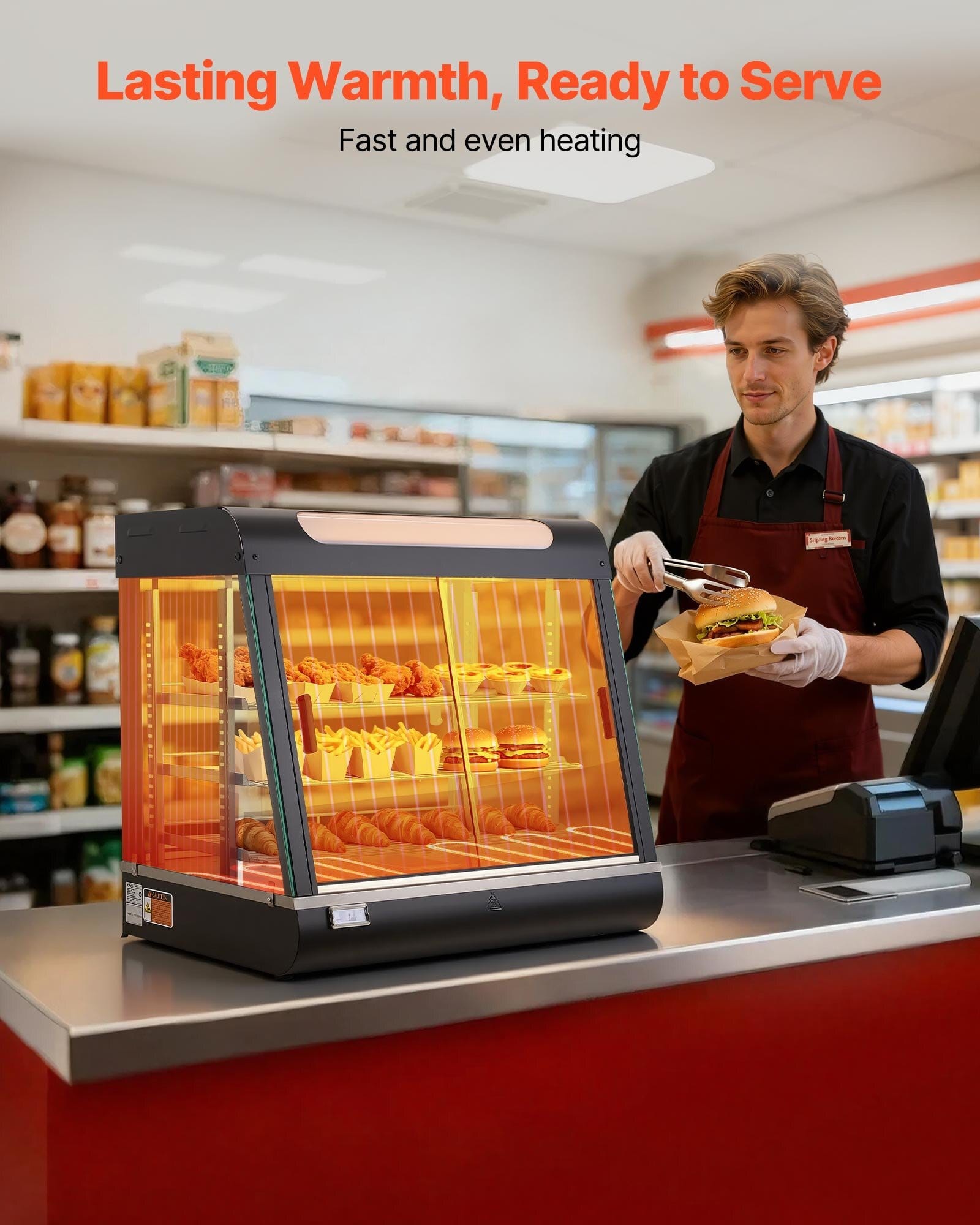 3-Tier Commercial Food Warmer Display, 1200W Food Display Warmer with LED Light, Top Storage and Adjustable Shelves, 86?&bdquo;&permil;~185?&bdquo;&permil; Steam Heating, 106Qt/100L for Hamburger, Pizza, Bread, Fried Chicken