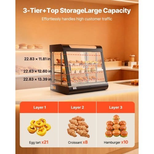 3-Tier Commercial Food Warmer Display, 1200W Food Display Warmer with LED Light, Top Storage and Adjustable Shelves, 86?„‰~185?„‰ Steam Heating, 106Qt/100L for Hamburger, Pizza, Bread, Fried Chicken - Image 4