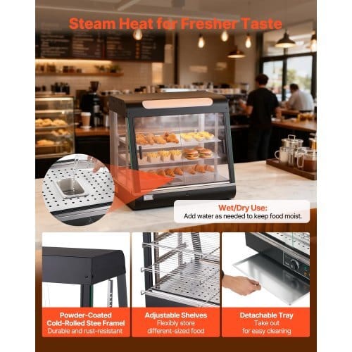 3-Tier Commercial Food Warmer Display, 1200W Food Display Warmer with LED Light, Top Storage and Adjustable Shelves, 86?„‰~185?„‰ Steam Heating, 106Qt/100L for Hamburger, Pizza, Bread, Fried Chicken - Image 5