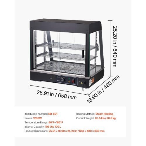 3-Tier Commercial Food Warmer Display, 1200W Food Display Warmer with LED Light, Top Storage and Adjustable Shelves, 86?„‰~185?„‰ Steam Heating, 106Qt/100L for Hamburger, Pizza, Bread, Fried Chicken - Image 6