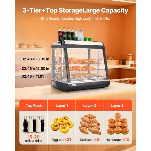 3-Tier Commercial Food Warmer Display, 1200W Food Display Warmer with LED Light, Top Storage and Adjustable Shelves, 86?„‰~185?„‰ Steam Heating, 75L for Hamburger, Pizza, Bread, Fried Chicken - Image 4