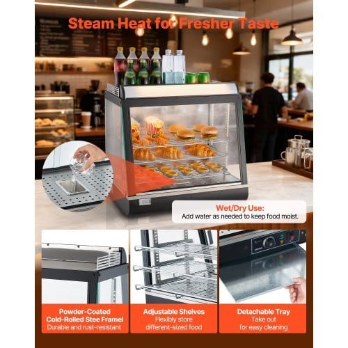 3-Tier Commercial Food Warmer Display, 1200W Food Display Warmer with LED Light, Top Storage and Adjustable Shelves, 86?„‰~185?„‰ Steam Heating, 75L for Hamburger, Pizza, Bread, Fried Chicken - Image 5