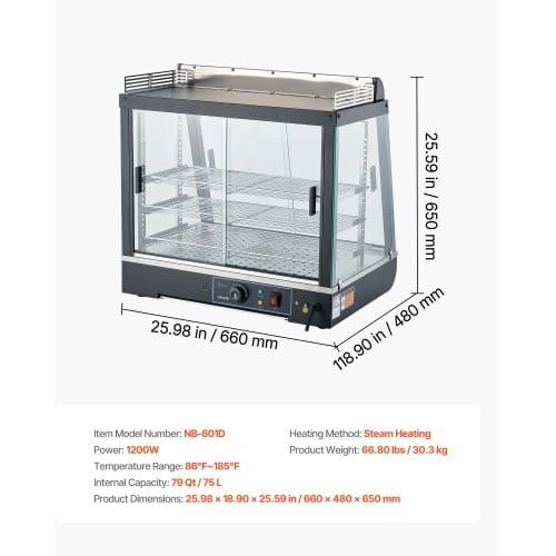 3-Tier Commercial Food Warmer Display, 1200W Food Display Warmer with LED Light, Top Storage and Adjustable Shelves, 86?„‰~185?„‰ Steam Heating, 75L for Hamburger, Pizza, Bread, Fried Chicken - Image 6