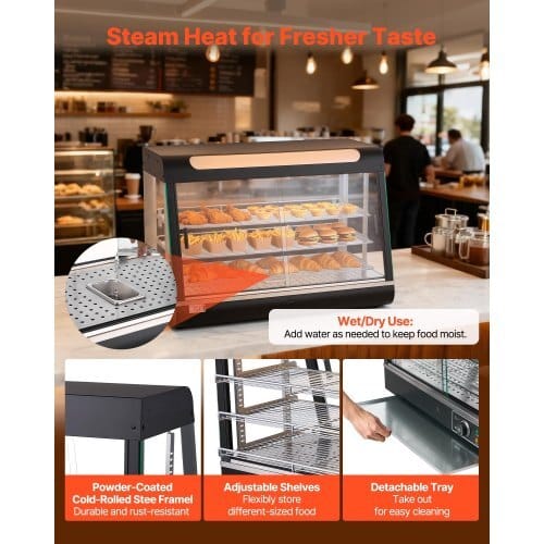 3-Tier Commercial Food Warmer Display, 1400W Food Display Warmer with LED Light, Top Storage and Adjustable Shelves, 86?„‰~185?„‰ Steam Heating, 137Qt/130L for Hamburger, Pizza, Bread, Fried Chicken - Image 5