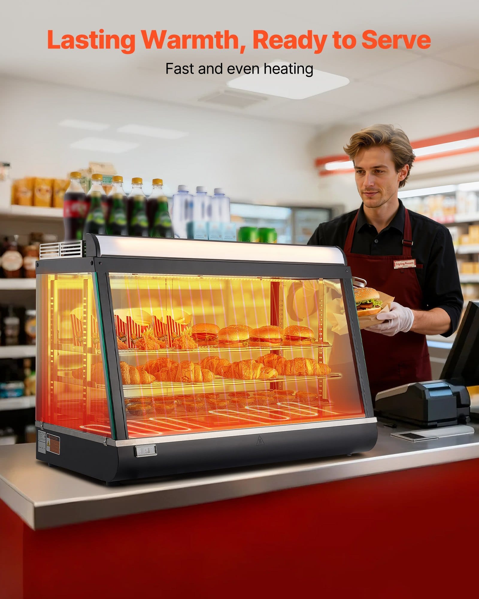 3-Tier Commercial Food Warmer Display, 1400W Food Display Warmer with LED Light, Top Storage and Adjustable Shelves, 86?&bdquo;&permil;~185?&bdquo;&permil; Steam Heating, 105L for Hamburger, Pizza, Bread, Fried Chicken