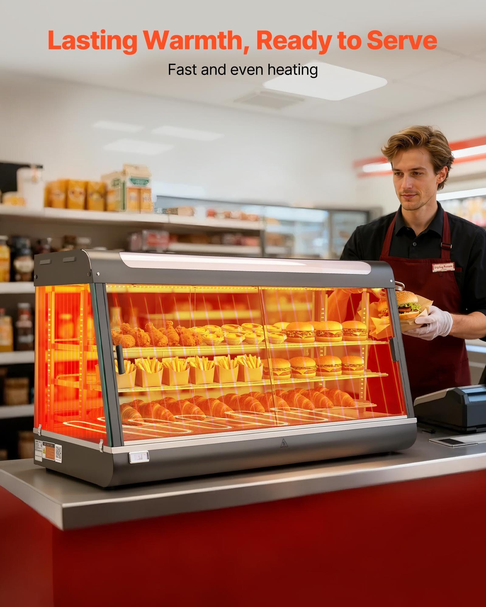 3-Tier Commercial Food Warmer Display, 1600W Food Display Warmer with LED Light, Top Storage and Adjustable Shelves, 86?&bdquo;&permil;~185?&bdquo;&permil; Steam Heating, 190Qt/180L for Hamburger, Pizza, Bread, Fried Chicken