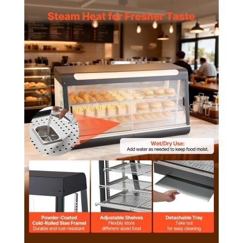3-Tier Commercial Food Warmer Display, 1600W Food Display Warmer with LED Light, Top Storage and Adjustable Shelves, 86?„‰~185?„‰ Steam Heating, 190Qt/180L for Hamburger, Pizza, Bread, Fried Chicken - Image 5
