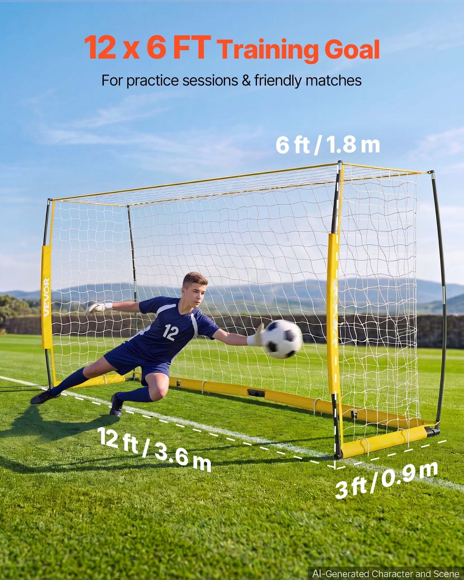 Soccer Goal 12 x 6 FT Soccer Net for Backyard Collapsible Base Yellow, Portable & Quick Setup, with Metal Base, Carry Bag, Ground Stakes, for Youth & Adults Outdoor Backyard Practice Training
