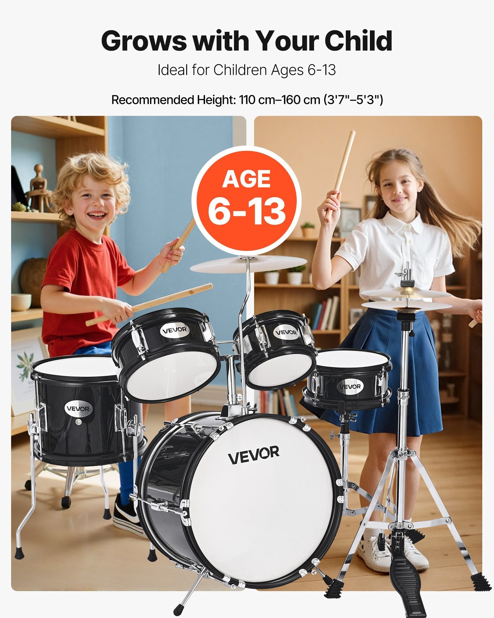 Kids Drum Set, 5-Piece 14 in Junior Drum Sets, Beginner Drums Set with Adjustable Throne, Cymbal & Two Pairs of Drumsticks, Musical Learning Drums Instruments Kit, for Children Ages 6-13(Black)