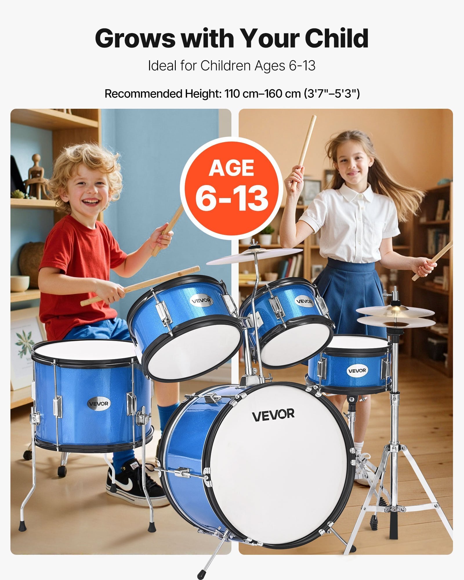 Kids Drum Set, 5-Piece 16 in Junior Drum Sets, Beginner Drums Set with Adjustable Throne, Cymbal & Two Pairs of Drumsticks, Musical Learning Drums Instruments Kit, for Children Ages 6-13 (Blue)
