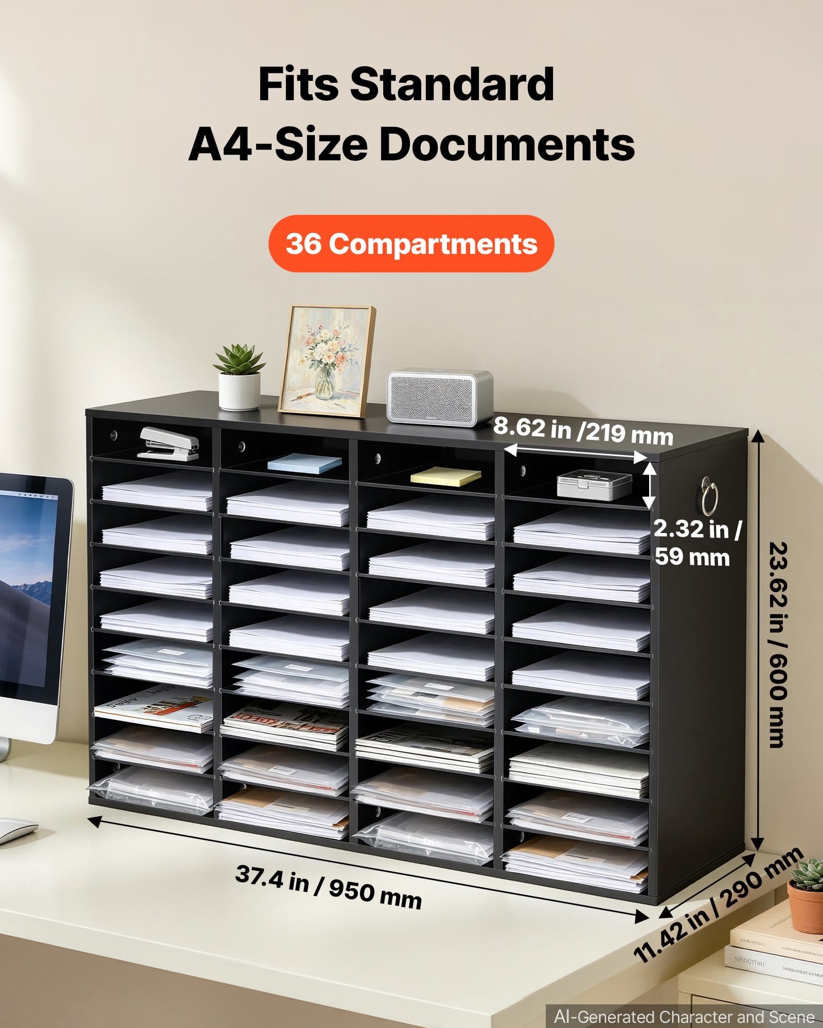 Wood Literature Organizer 36 Compartments Office Mailboxes Black, Countertop Literature Sorter for Files Documents Papers, with Adjustable Shelves, for Office, Home, Classroom Organization