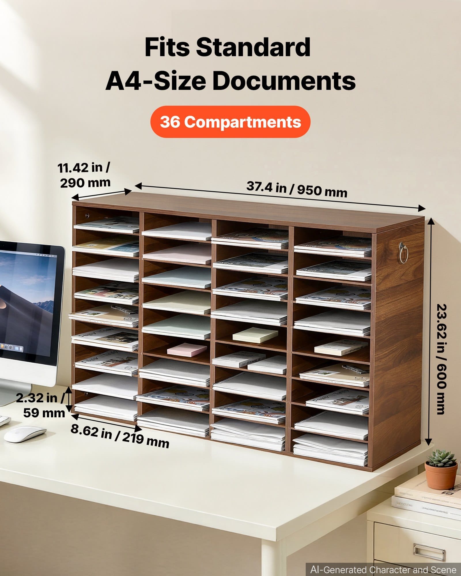 Wood Literature Organizer 36 Compartments Office Mailboxes Brown, Countertop Literature Sorter for Files Documents Papers, with Adjustable Shelves, for Office, Home, Classroom Organization