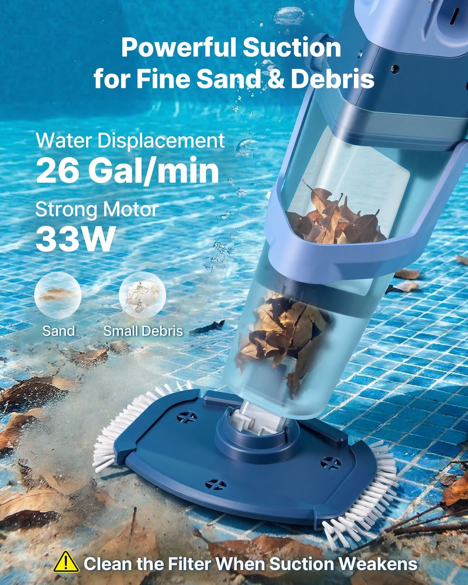 Handheld Pool Vacuum, 26 GPM Cordless Spa Hot Tub Vacuum with Extension Pole, 60 Mins Running Time, Powerful Suction for Leaves and Debris, Rechargeable Pool Cleaner for Above Ground Pools