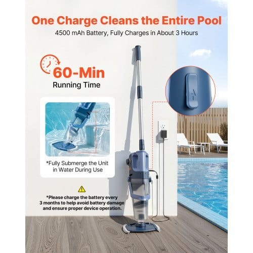 Handheld Pool Vacuum, 26 GPM Cordless Spa Hot Tub Vacuum with Extension Pole, 60 Mins Running Time, Powerful Suction for Leaves and Debris, Rechargeable Pool Cleaner for Above Ground Pools - Image 3